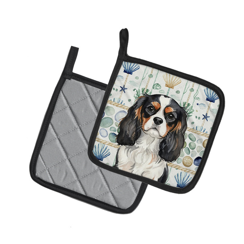 Tricolor Cavalier Spaniel Coastal Sea Glass Pair of Pot Holders