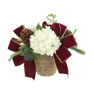 Holiday Hydrangea Arrangement with Evergreen and Bows in Rope Pot