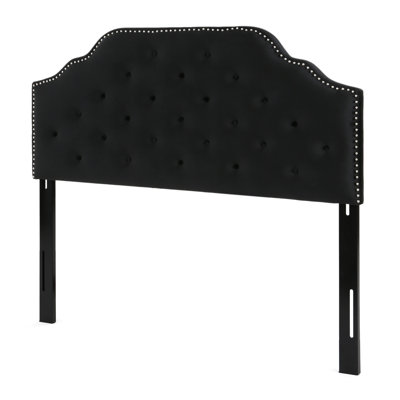 Grand lit moderne et tête de lit double en velours avec surpiqûres en losanges et superbes têtes de clou, noir, assemblage requis