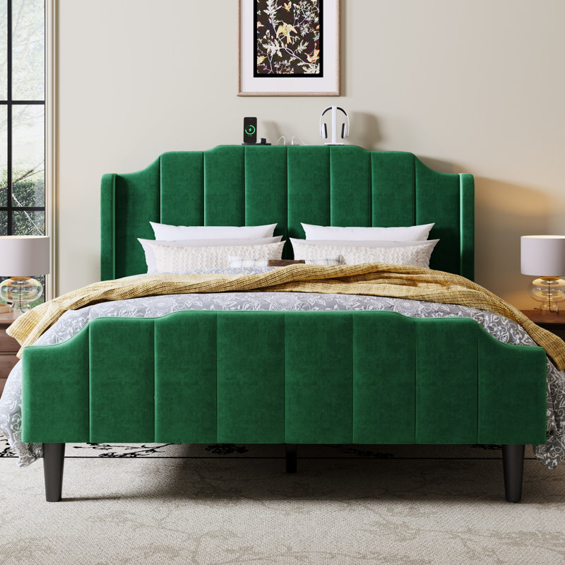 Modern Velvet Wingback Platform Bed With Charging Station - Curved Upholstered Headboard, No Box Spring Needed, Hunter Green