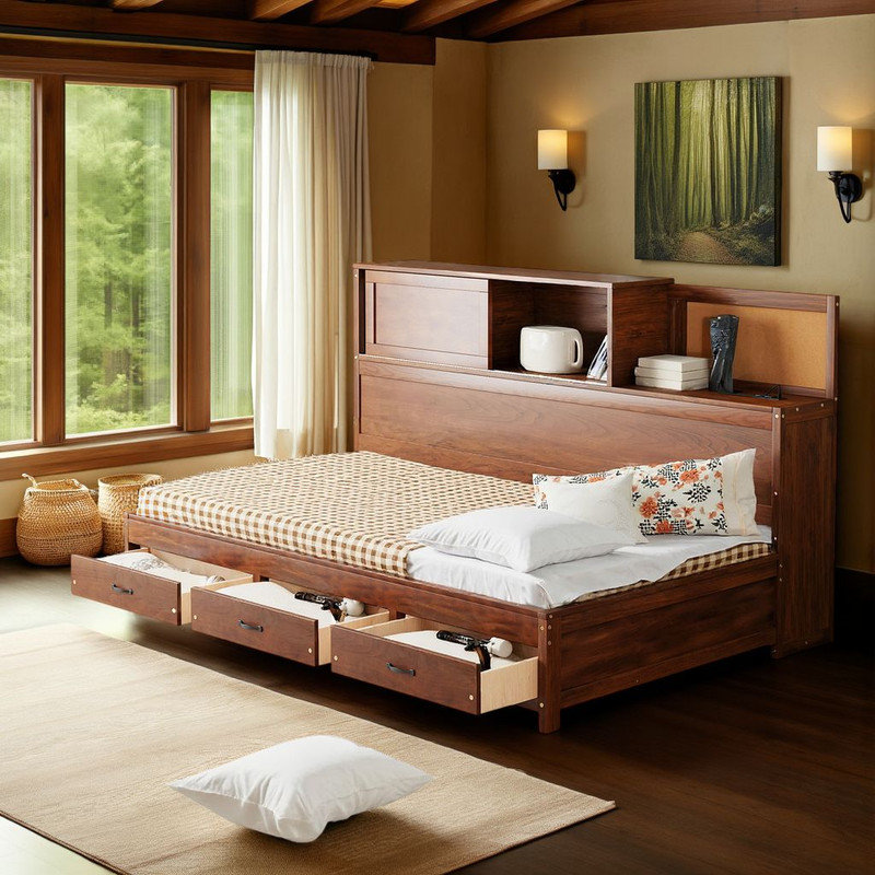 ??Full Size Wooden Daybed - 3 Drawers, USB Ports, Pushable Shelf, 350lb Capacity?, Twin, Brown