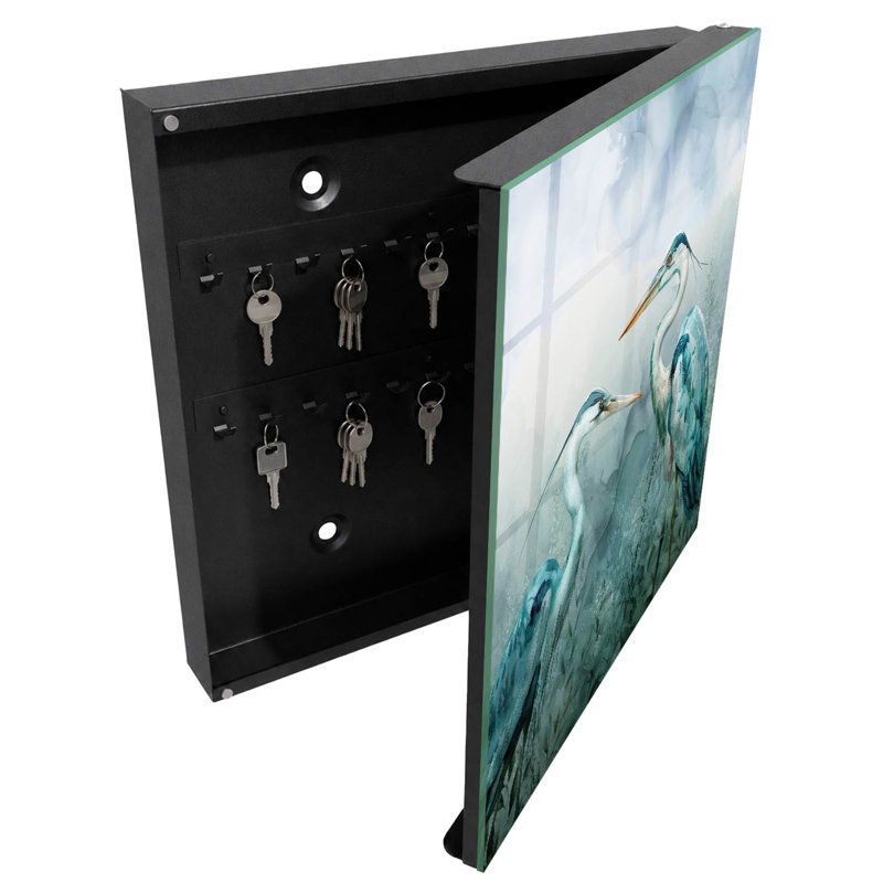 Key storage cabinet, Opens to the left, 30x30x5, White, Watercolor herons surrounded by greenery, 