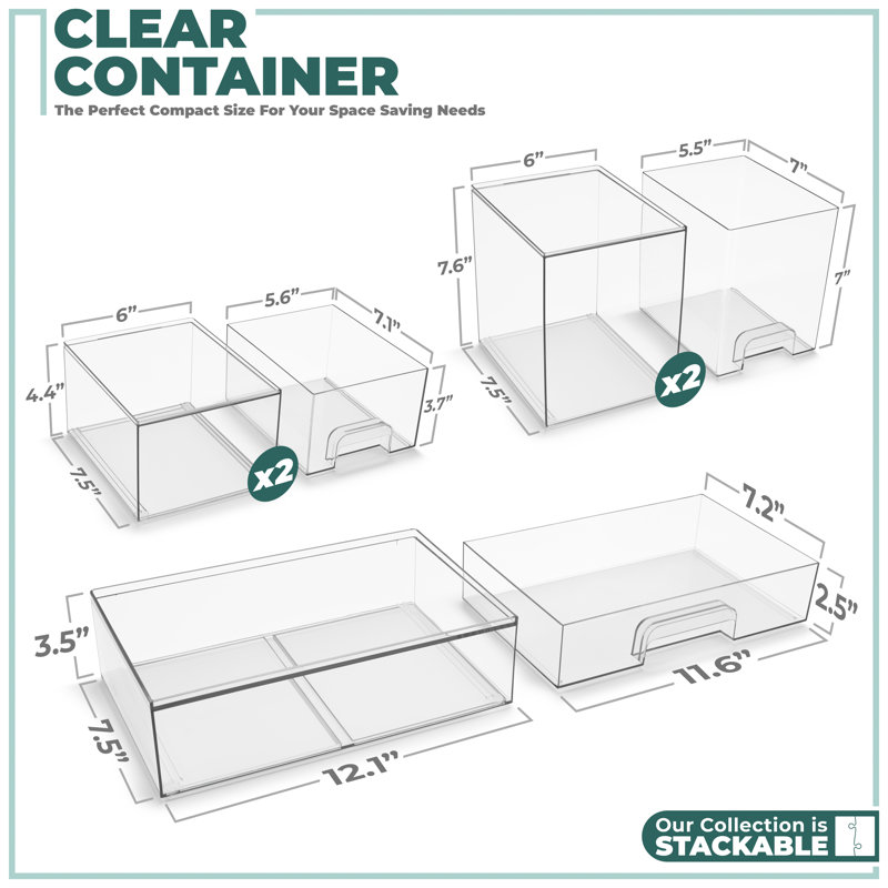 Contenants de rangement en acrylique avec tiroirs coulissants Sorbus - paquet de 5, 3 tailles variées, bacs de rangement empilables transparents pour l'organisation de la salle de bain - Boîte de rangement pour maquillage