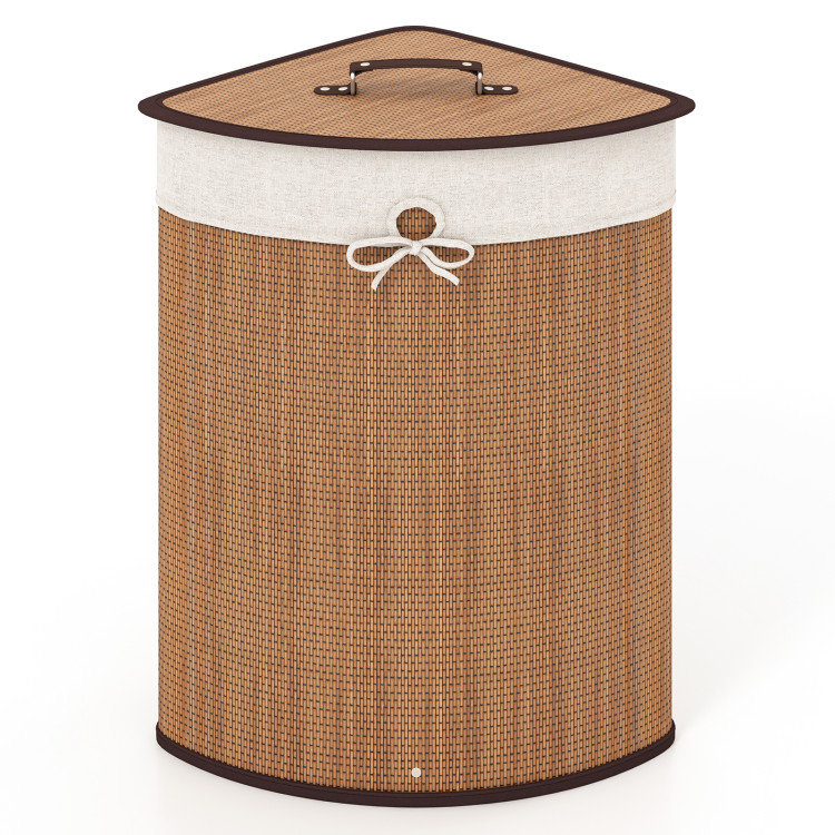 72L Corner Bamboo Laundry Hamper with Lid, Removable Liner & Foldable Design, Brown