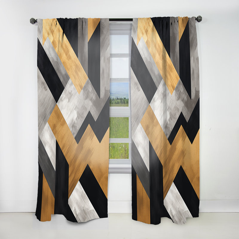 Rusland Black And Gold Geometric Tiles V - Abstract Curtain - Velvet Room Darkening - 1 panel, 52" W x 63" L