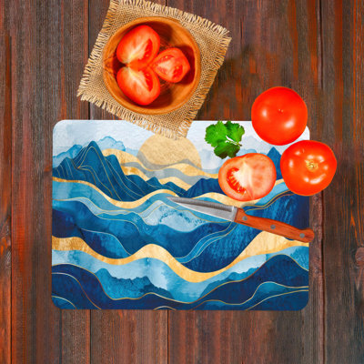 Abstract Waves and Sun Design Glass Serving Board Ideal for Modern Home Decor and Outdoor Activities