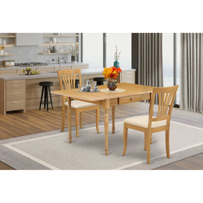 3 Piece Dining Room Furniture Set Contains a Rectangle Kitchen Table with Dropleaf and 2 Linen Fabric Dining Chairs, Oak