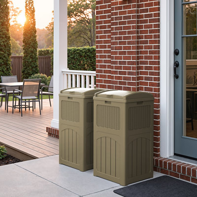 Devoko 32 Gallon Set of 2 Outdoor Plastic Trash Cans, Waterproof Manual Lift Trash Hideaway Container