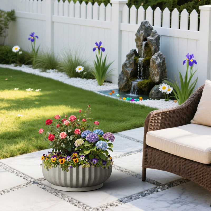 Grand pot à fleurs rond 21 po en pierre gris (intérieur amélioré) avec trou de drainage, Gris Pierre
