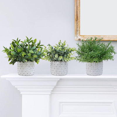 3 plantes artificielles en pot - Faux eucalyptus, buis, romarin, verdure dans de petits pots en béton - bureau, table, tablette, décor de rebord de fenêtre pour le bureau intérieur extérieur