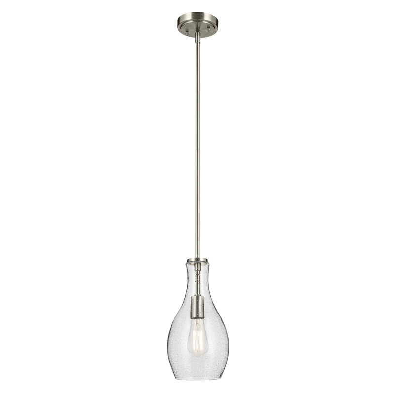 Luminaire suspendu moderne en nickel brossé 1 lumière avec abat-jour en verre bullé, Nickel brossé