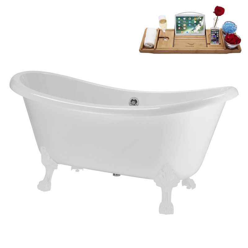 59" Streamline Clawfoot Tub,Tray,Drain, Clawfeet, Glossy White, Polished Chrome