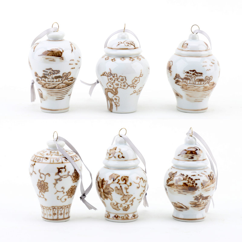 6 Piece Porcelain Asian Jar Finial Ornament Set