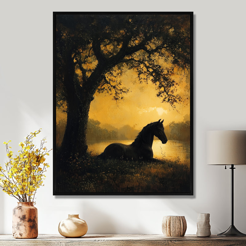 Maricely Horse et le chêne III - Mural artistique « Cheval », H 32 po x l 24 po, Noir, Impression encadrée flottante
