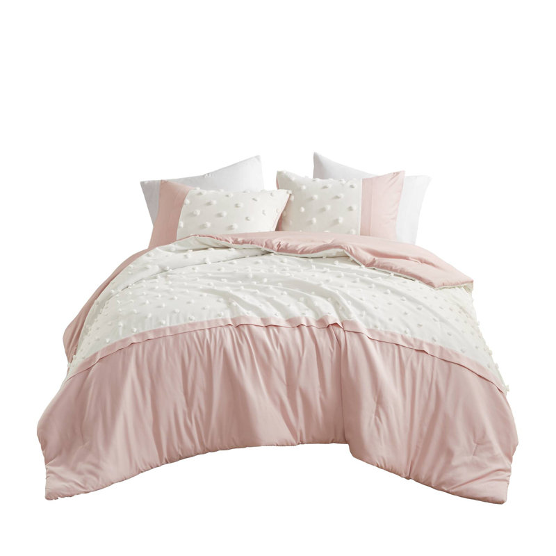 Pink and White Twin Microfiber Comforter Set with Jacquard Pompoms