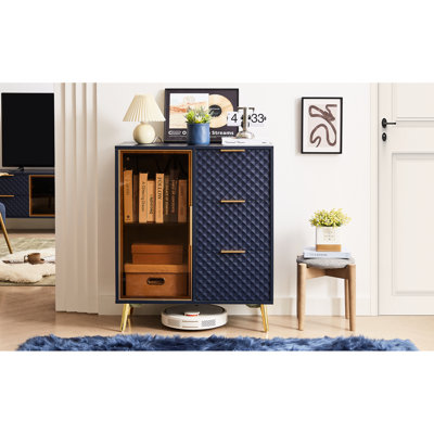 Commode bleu foncé avec trois tiroirs et une surface géométrique unique, pieds réglables en métal, portes en verre trempé avec cadre en alliage d'aluminium imperméable, bleu, l 31,5 po x l 15,7 po x H 37,6 po, beaucoup de rangement