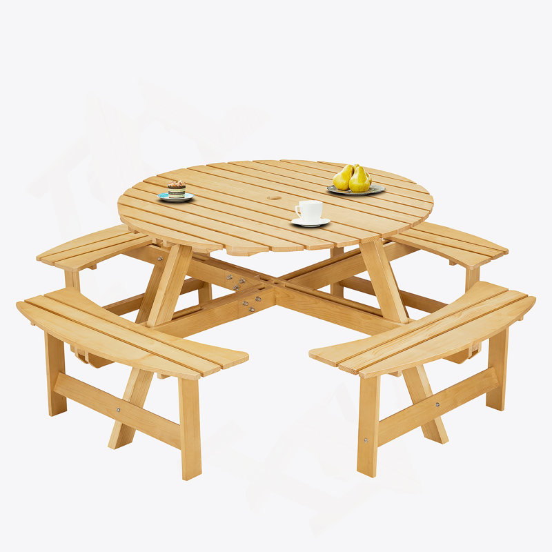 8-Person Outdoor Round Picnic Table Set With 4 Built-In Benches & Umbrella Hole - Perfect For Garden, Backyard, Porch & Patio - Natural Wood