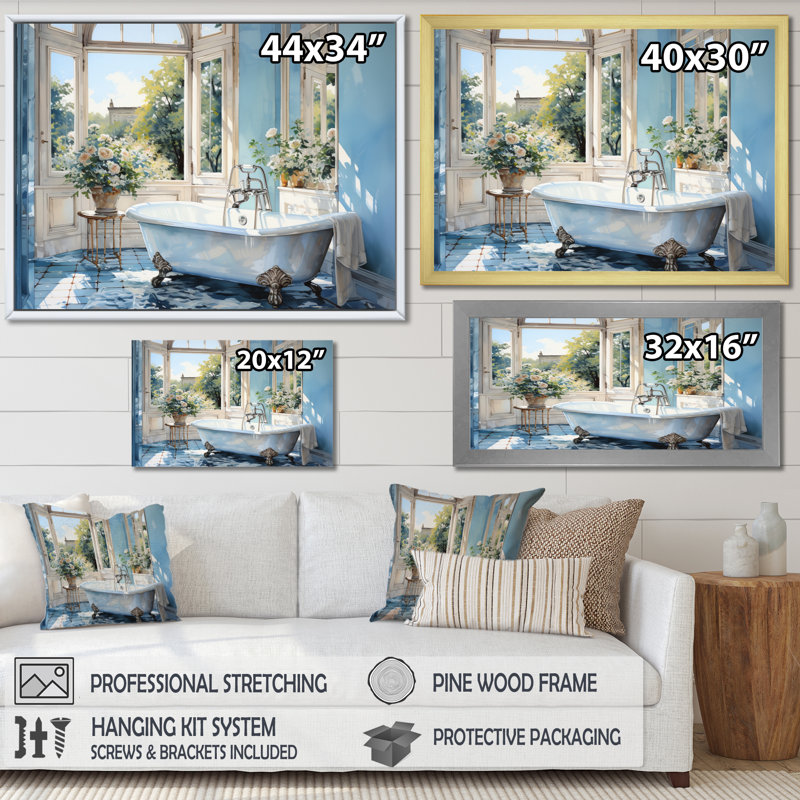 «Bathroom Tranquil Reflections I» - décoration murale pour salle de bain, Cadre flottant blanc, H 16 po x l 32 po x P 1 po
