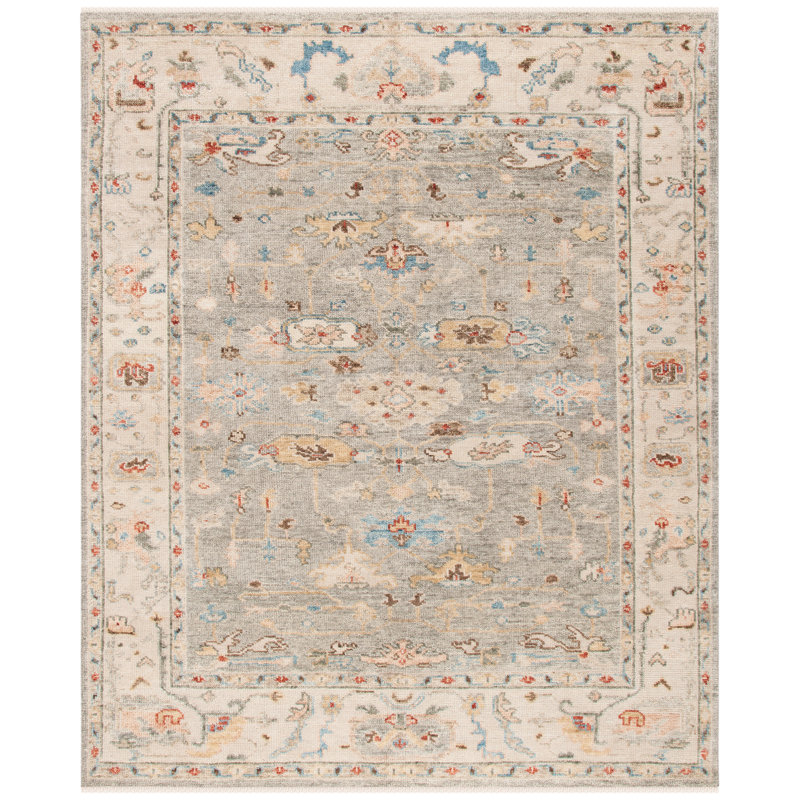 Tapis oriental en laine / coton noué à la main Samarkand ivoire / gris, Rectangle 10 pi x 14 pi