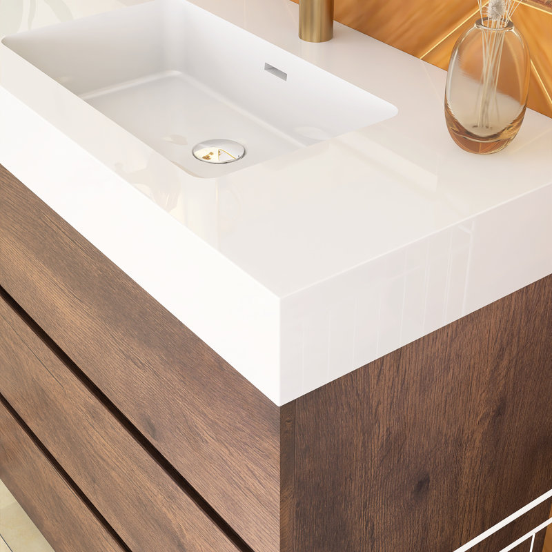 35.8'' Freestanding Single Sink Bathroom Vanity with Solid Surface Top