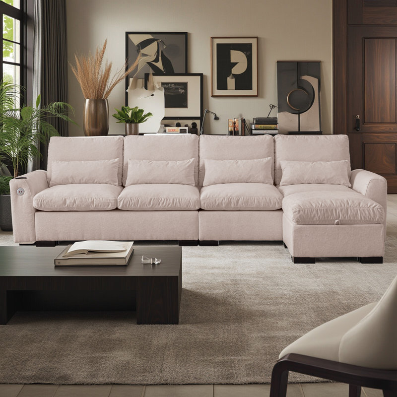 114.5" L-Shaped Sofa With Chenille Fabric,Movable Footrest,Removable and Washable Cushions,Modern Modular Couch with USB Ports & Cup Holder