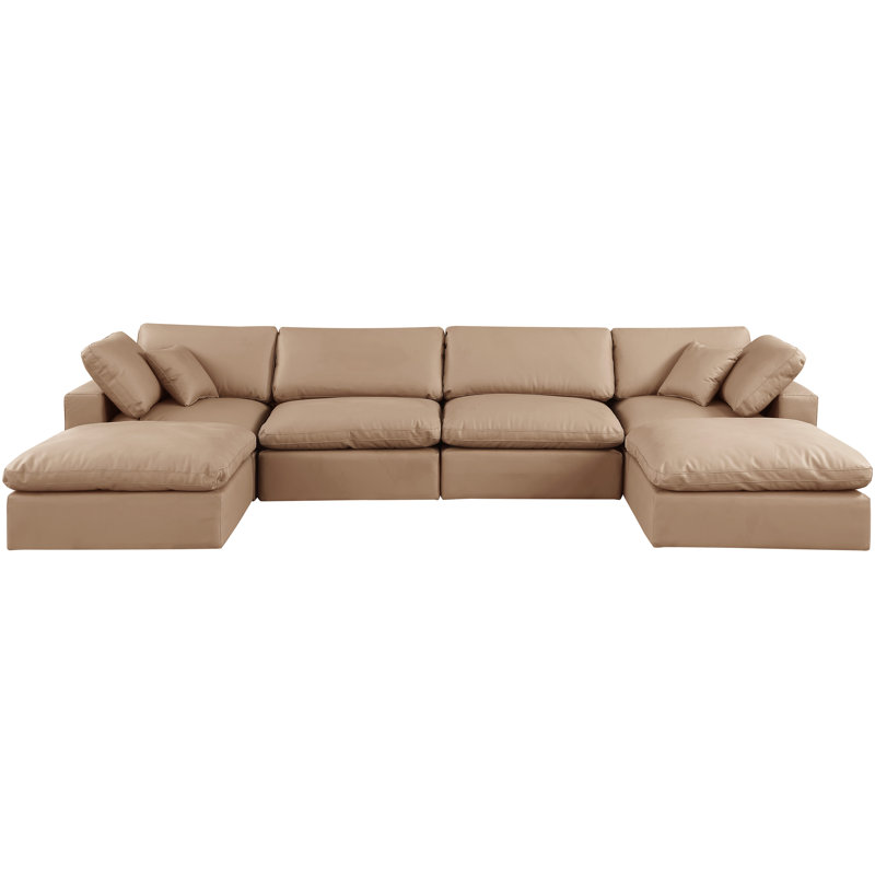 Hivay 160" Wide Faux Leather Reversible Modular Corner Sectional with Ottoman, Tan Vegan Leather