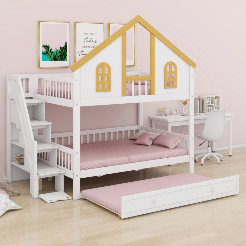 House Bunk Bed with Roof, Window, Door, Storage Staircase & Trundle Bed, Full