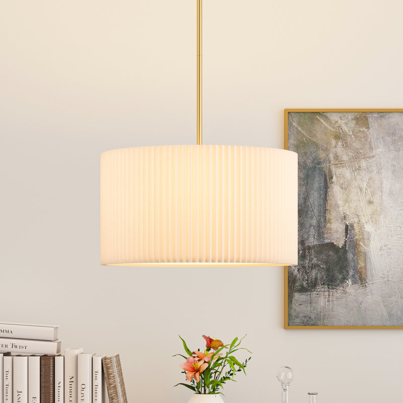 4-light 21" Polished Brass White Modern Linen Shade Drum Chandelier Pendant for Dining Room, Polished Brass