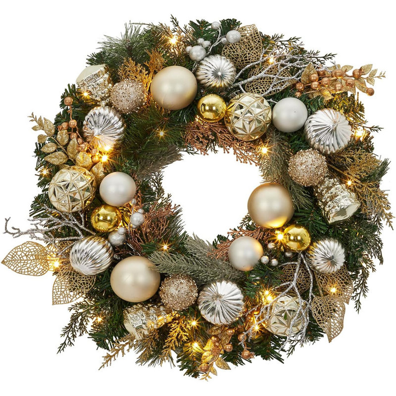 Couronne de Noël pré-éclairée 24 po avec lumières, à piles pour foyer doré argenté