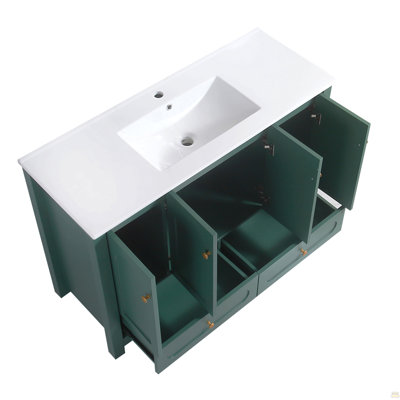 Ensemble de meuble-lavabo vert 48 po avec lavabo en résine, armoire de rangement abondante - 4 portes à fermeture douce et 2 tiroirs