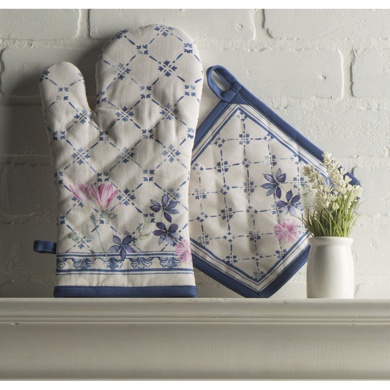Maison D' Hermine Faience Floral Cotton Potholder & Oven Mitt Set