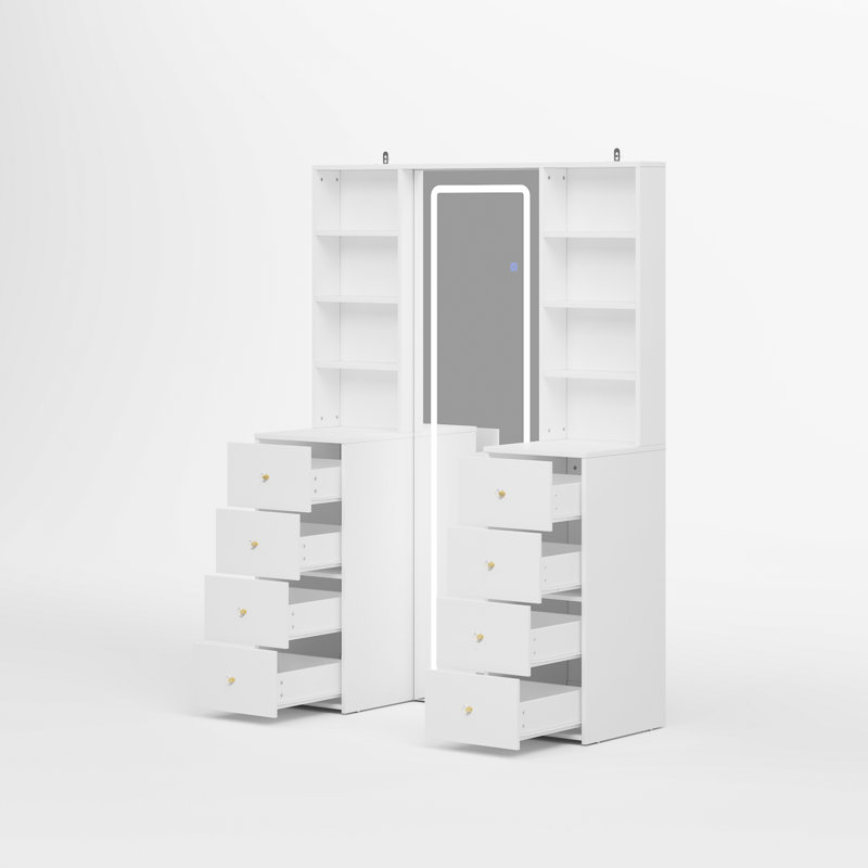 Meuble-lavabo de 47,2 po de largeur avec miroir à DEL pleine longueur, 8 tiroirs et tablettes ouvertes, coiffeuse avec éclairage 3 couleurs pour la chambre à coucher et le vestiaire