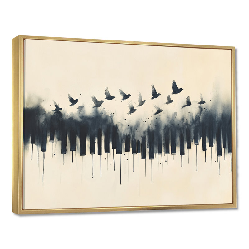 Touches de piano qui prennent leur envol - Tableau sur toile musical, H 12 po x l 20 po, Cadre flottant doré