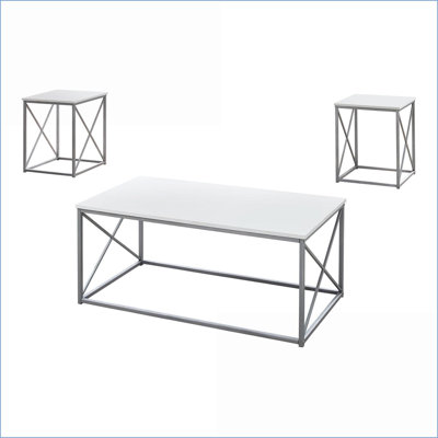3-Piece Contemporary Coffee Table Set for Living Room, White Laminate Top & Grey Metal Frame, Sturdy & Spacious