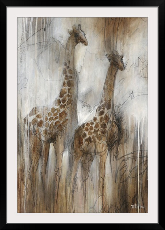 'étude Girafe En Peignant Imprimer Rikki Drotar, Noir encadré, 26" H x 20" lx 1" p