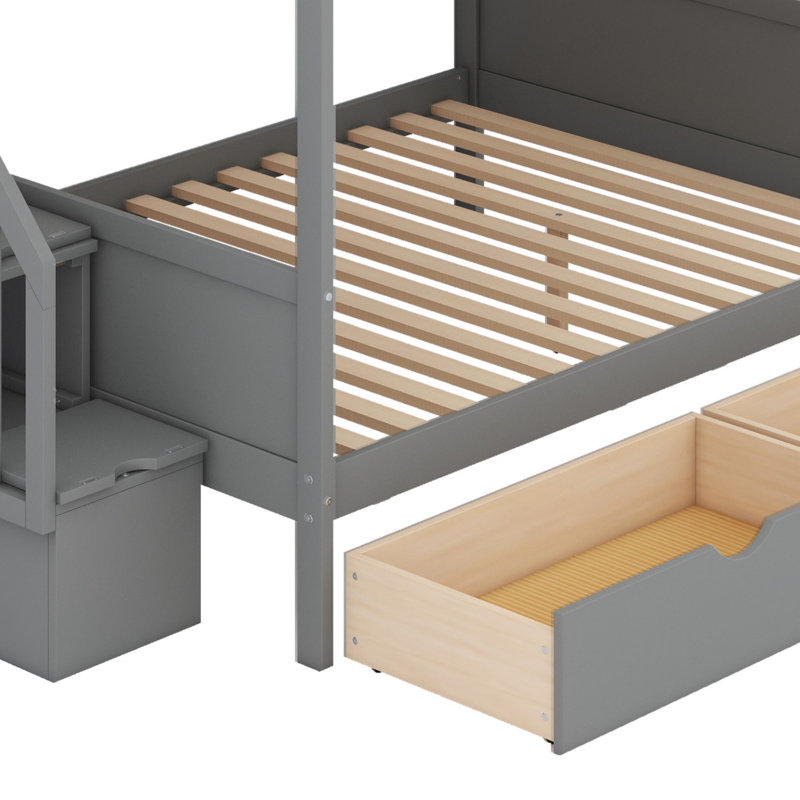 Lit superposé avec tablettes, escalier de rangement et 2 tiroirs, gris