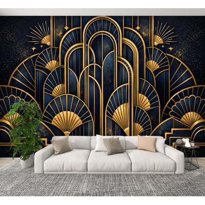 Papier peint adhésif déco art déco à motifs abstraits dorés, motifs muraux bleus H 100 po x l 144 po, papier mural amovible en PVC auto-adhésif pour chambre à coucher, bureau à domicile