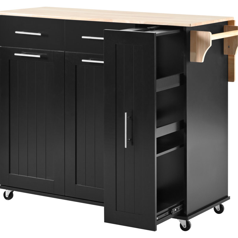 Style Kitchen Island With Towel Rack & 3 Tier Cabinet, Black Pull Out Cabinet Adjustable Shelves,, Black