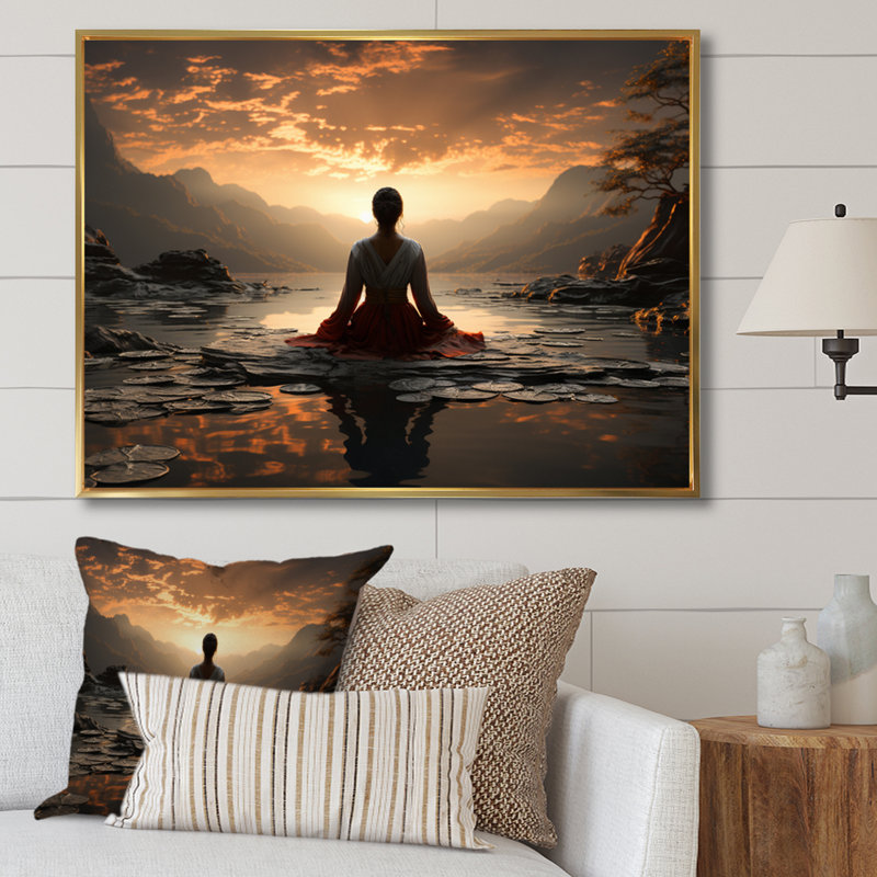 «Black Peach Meditation Eernal Now», reproduction d'art sur toile encadrée, H 16 po x l 32 po x P 1 po, Cadre flottant doré