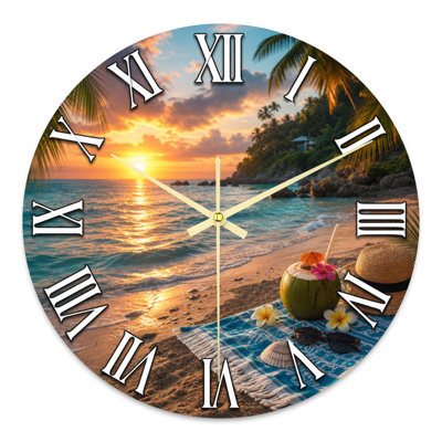 Landscape & Nature Tropical Sunset Beach Coconut Drink Palm Trees Ultra Clear Glass Wall Clock