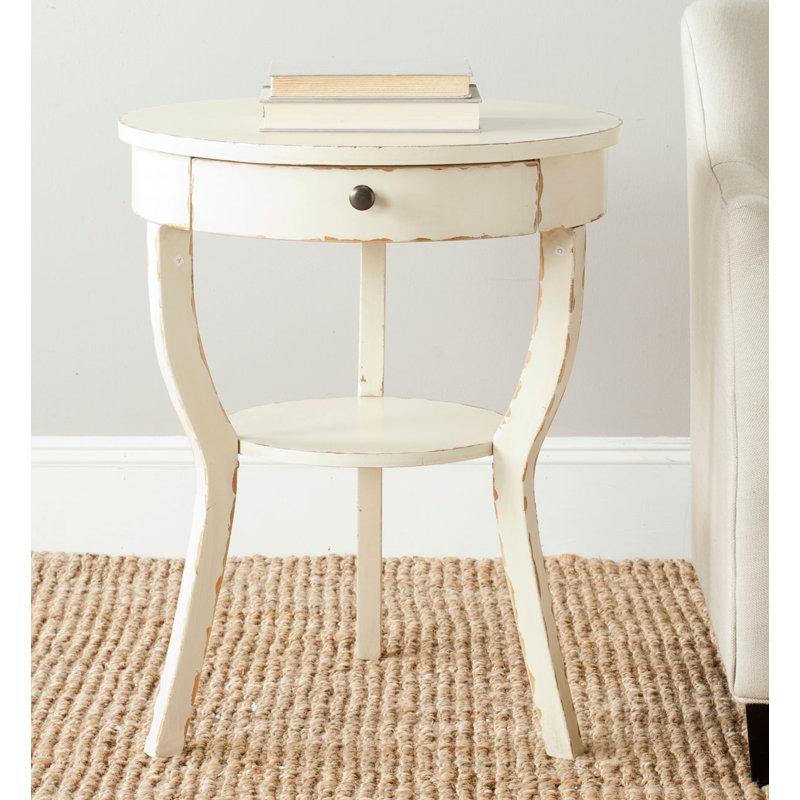 Elegant Fayyad End Table – French Country Design with Drawer, Cabriole Legs & Vintage Cream Finish, Vintage Cream