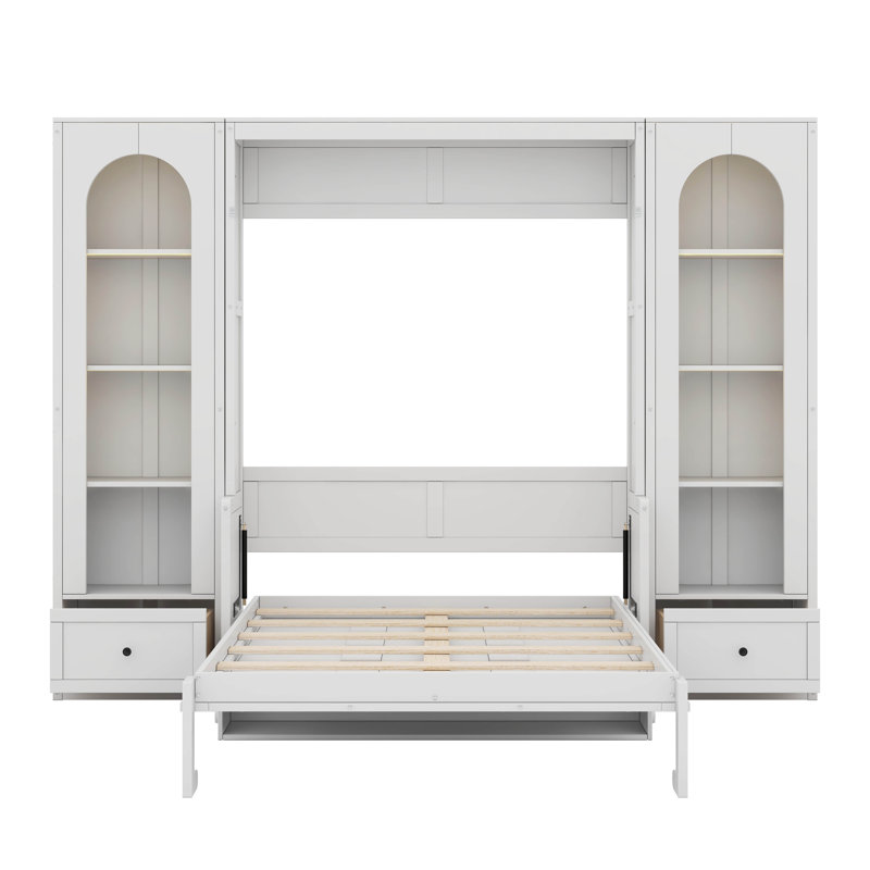 Grand lit plateforme escamotable avec tablette, armoires latérales, tiroirs et DEL, Blanc