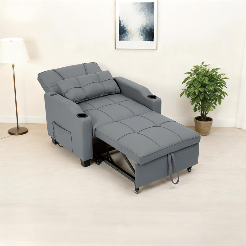 Canapé-lit convertible 3-en-1 Qeetex - Canapé-lit coulissant avec dossier réglable, ports USB, porte-gobelets et poches latérales, canapé moderne peu encombrant pour le salon ou la chambre à coucher - gris