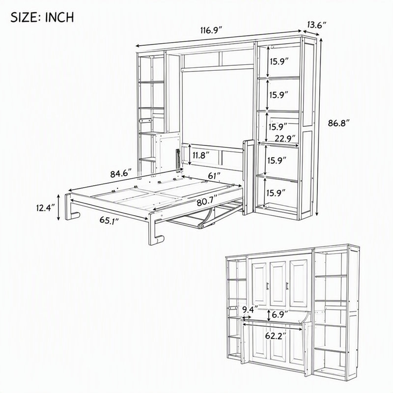 Grand lit escamotable avec bureau et bibliothèque, White