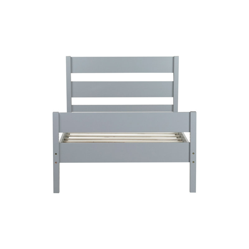 Lit simple avec tête et pied de lit, structure en bois d'hévéa massif, design minimaliste avec rangement, gris, Gris