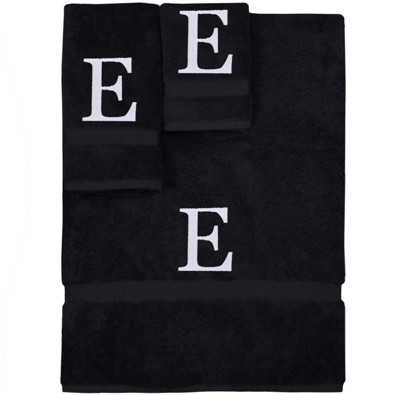 Ensemble de serviettes monogrammées - ensemble de 3 - lettre-bloc, Noir / blanc, E