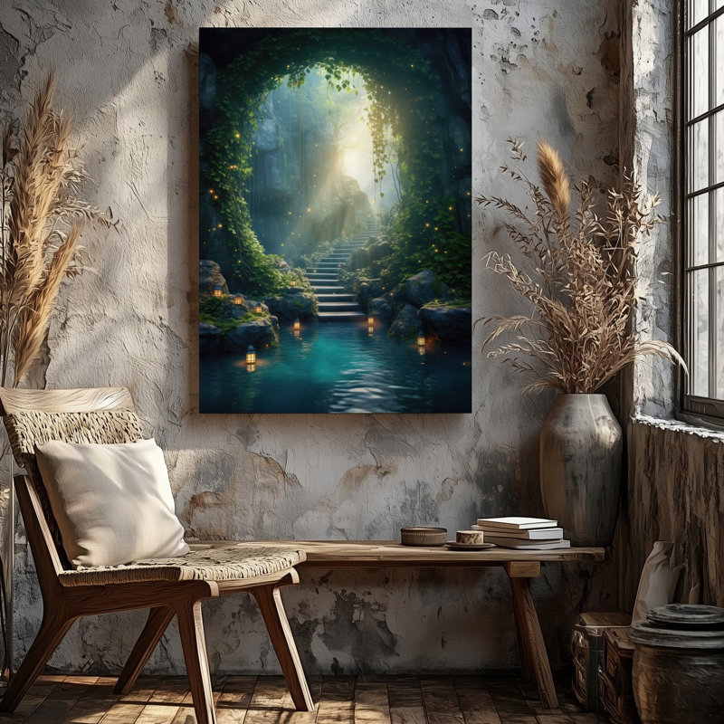 Toile, entrée de grotte mystique encadrée par des vignes vertes luxuriantes, H 14 po x l 11 po