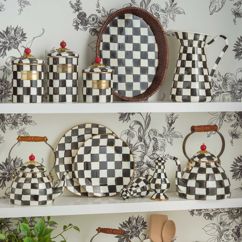 Large Black and White Checkered Rattan Serving Tray