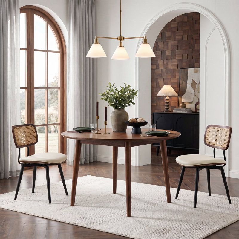 Modern Swivel Faux Leather Dining Chairs With Rattan Back, Beige, 2