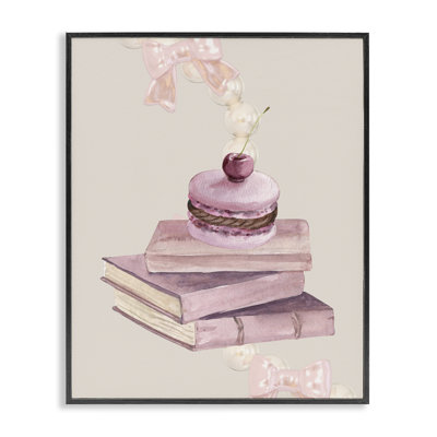 Cerise Macaron sur pile de livres, estampe numérique, conception par Jesse Keith